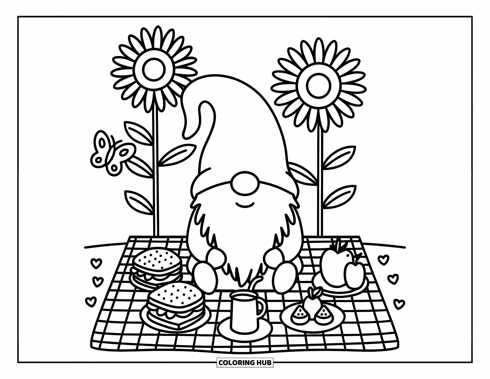 Gnome Coloring Page for Adults: A gnome having a picnic under sunflowers with a butterfly nearby