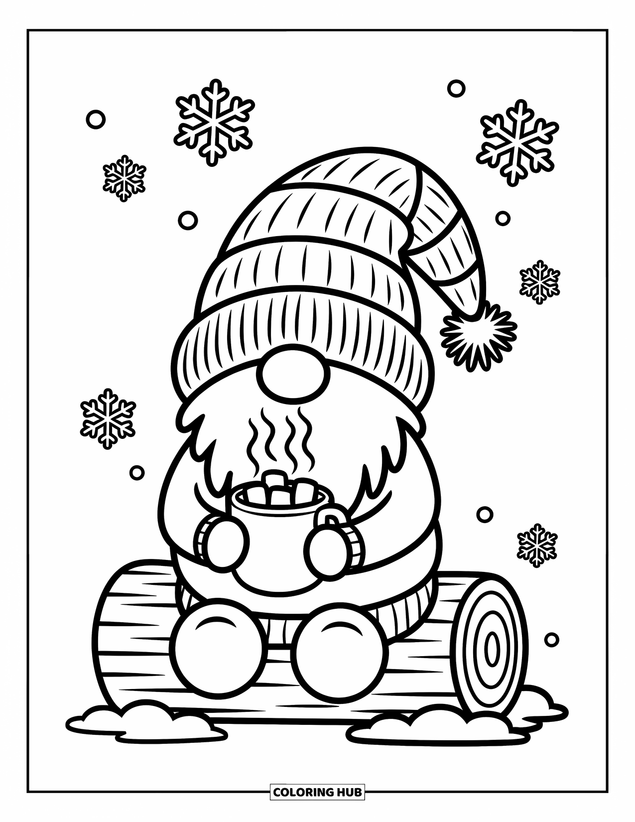 Gnome Coloring Page for Adults: A gnome holding cocoa with snowflakes and a warm cabin in the distance