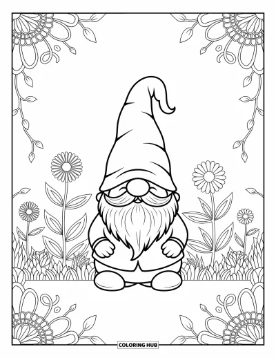 Nissetegning til voksne: En nisse i en frodig have fyldt med blomstermotiver og snoede ranker