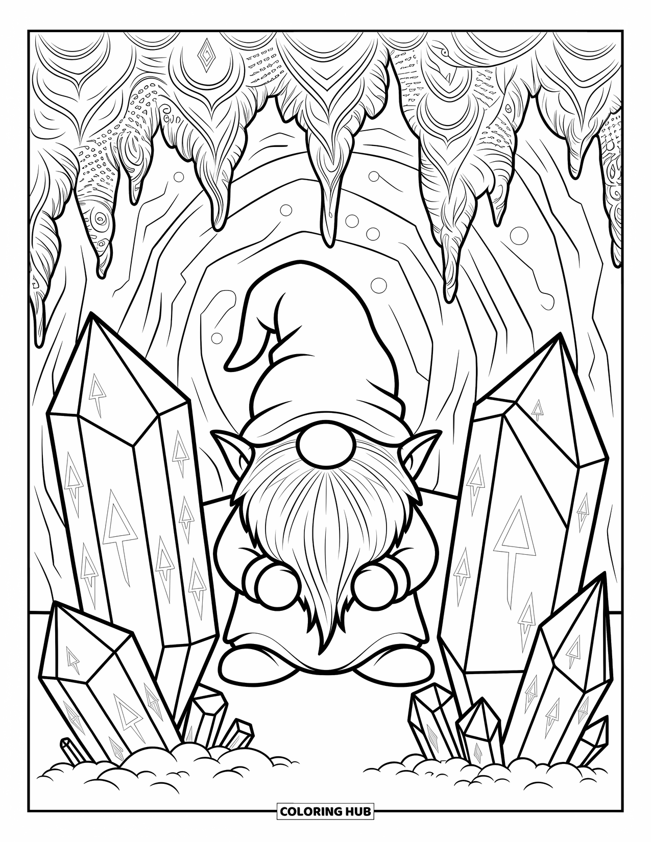 Gnome Coloring Page for Adults: A gnome in a secret den with crystals and intricate rune designs
