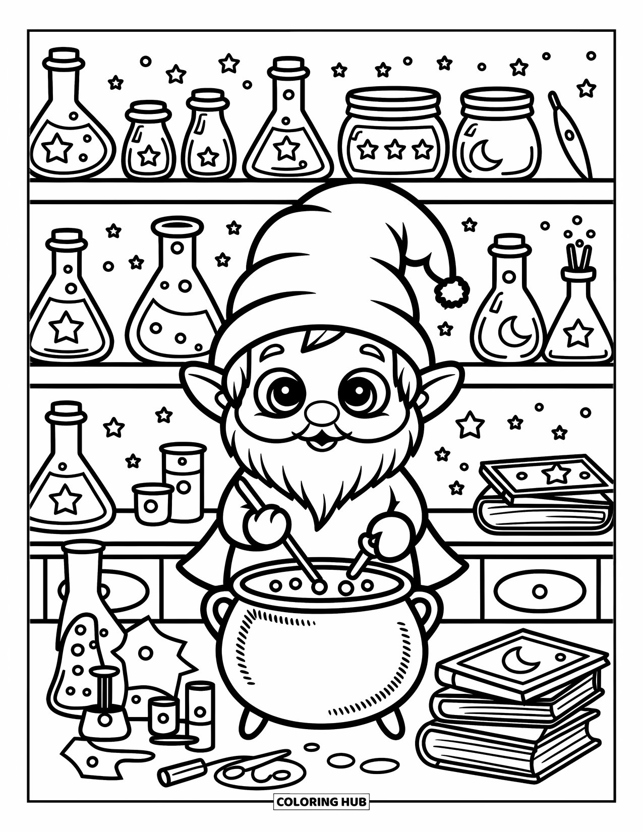 Gnome Coloring Page for Adults: A gnome in a tiny lab with potions, shelves, and a bubbling cauldron