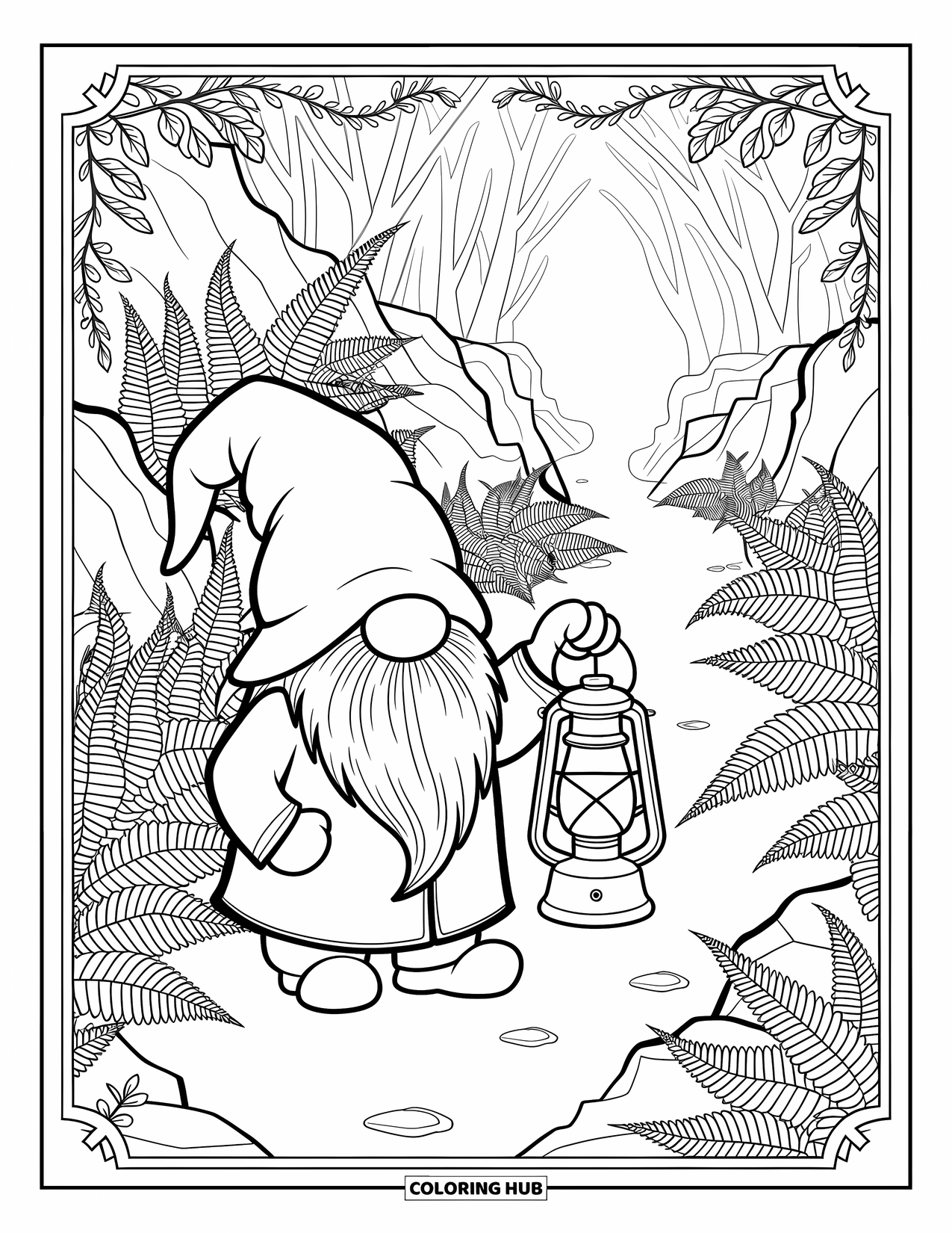 Gnome Coloring Page for Adults: A gnome lighting the way with a lantern on a misty path with ferns