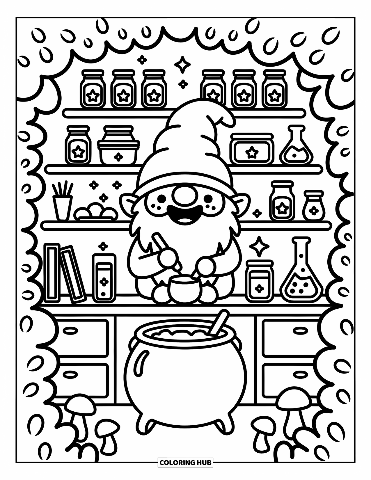 Gnome Coloring Page for Adults: A gnome making potions surrounded by jars and books in a cozy lab