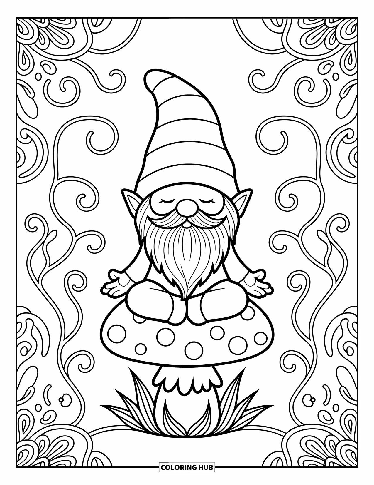 Gnome Coloring Page for Adults: A gnome meditating on a mushroom surrounded by swirling vines