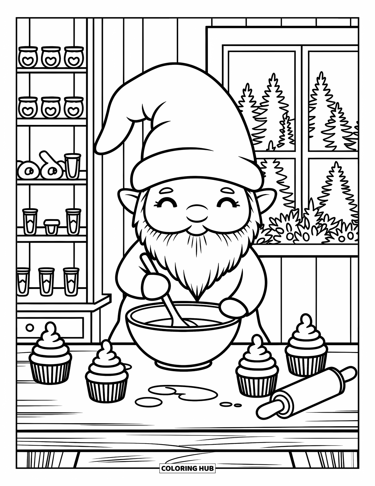 Gnome Coloring Page for Adults: A gnome mixing batter at a table with cupcakes and a window view