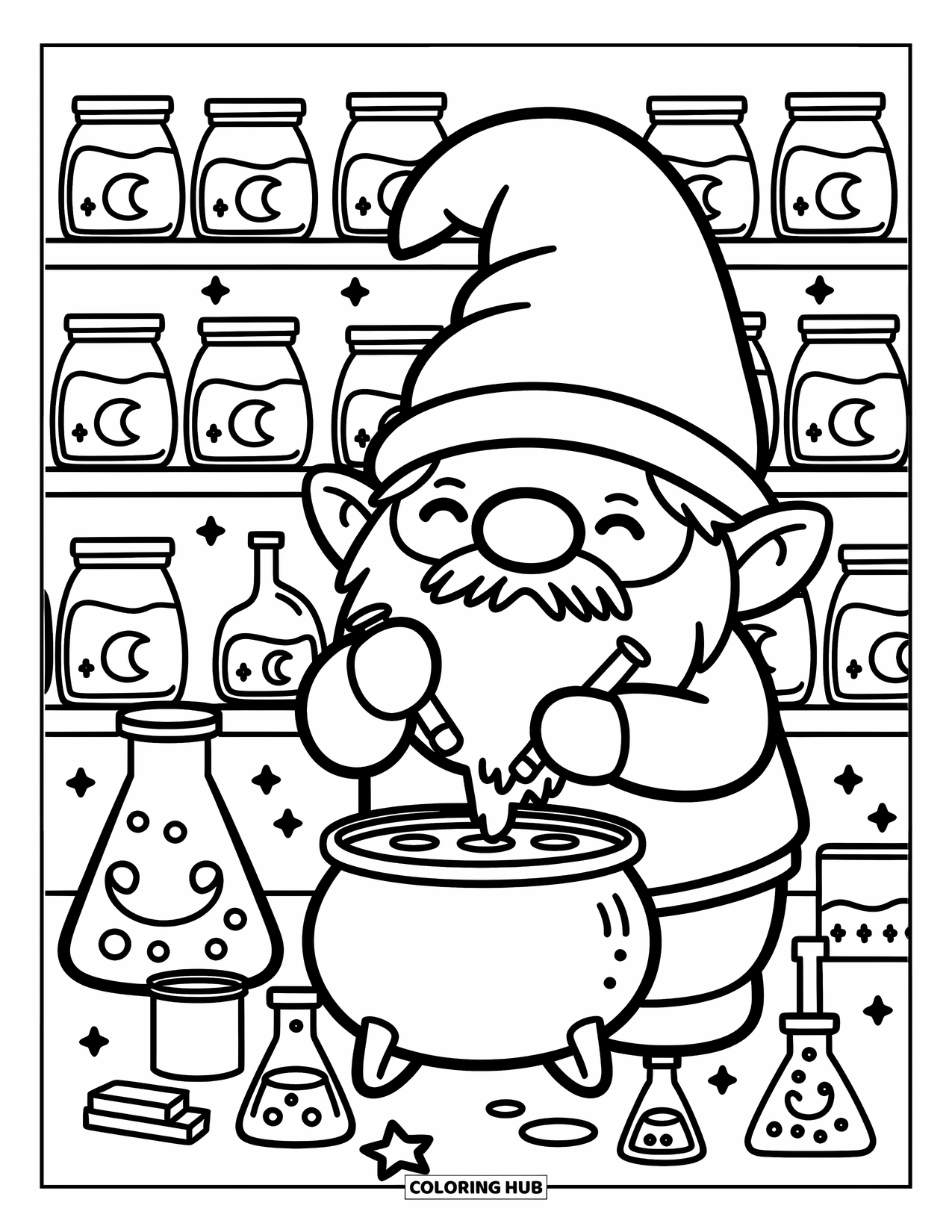 Gnome Coloring Page for Adults: A gnome mixing potions in a woodland lab with shelves of jars