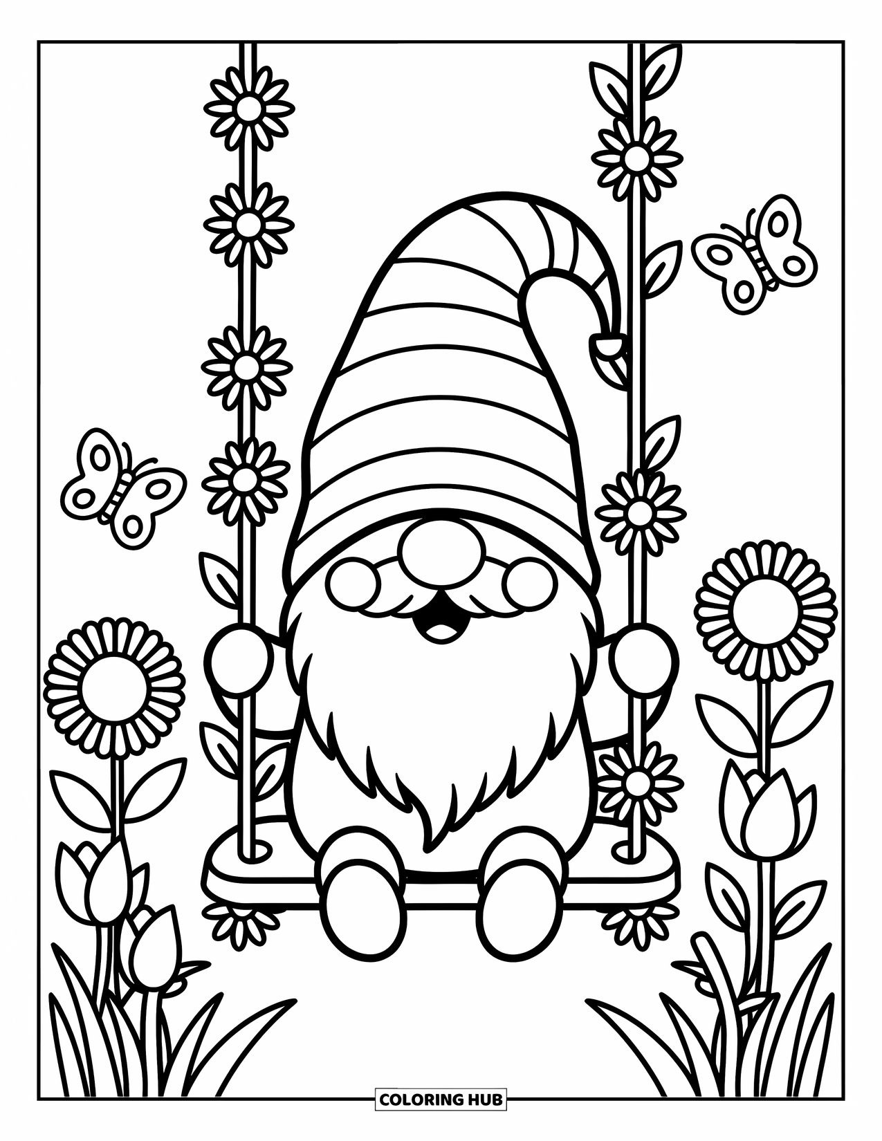 Gnome Coloring Page for Adults: A gnome on a flower-adorned swing surrounded by butterflies
