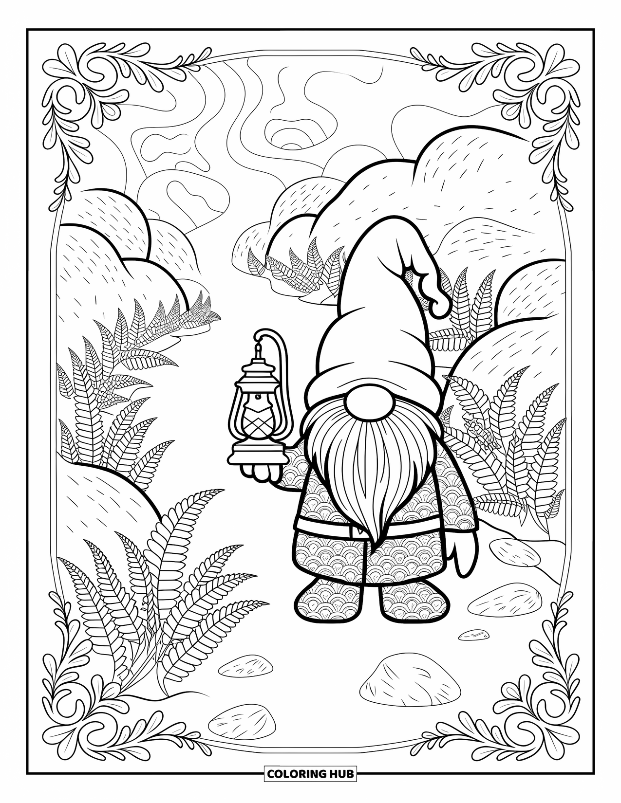 Gnome Coloring Page for Adults: A gnome on a misty path with a lantern, surrounded by detailed ferns