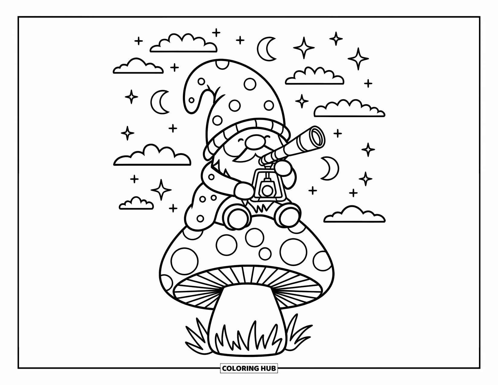 Gnome Coloring Page for Adults: A gnome on a mushroom with a telescope and a cozy blanket