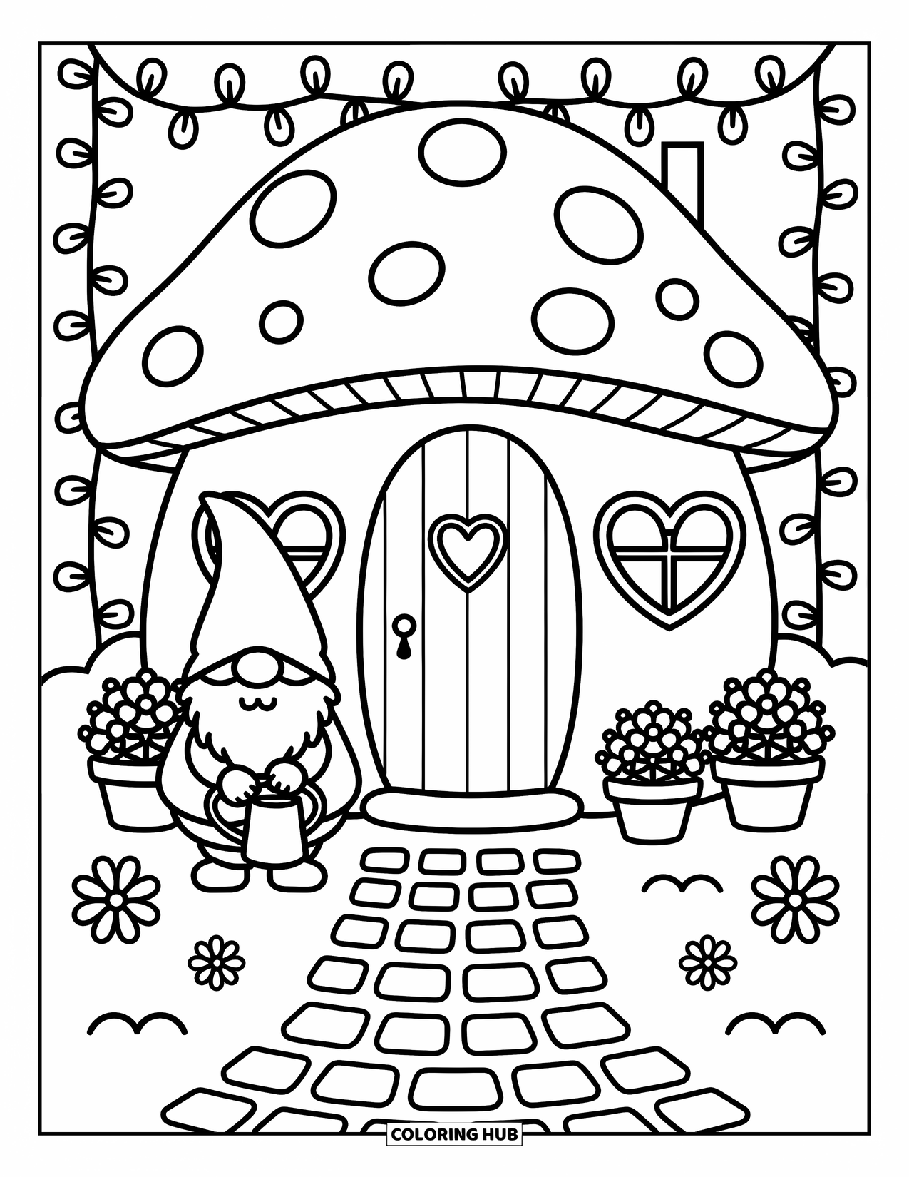 Gnome Coloring Page for Adults: A gnome outside a mushroom house watering flowers by a cobblestone path