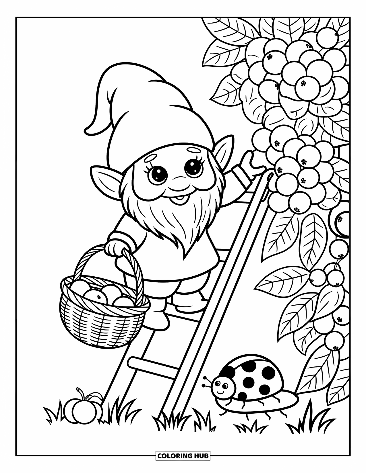 Gnome Coloring Page for Adults: A gnome picking berries with a basket and a curious ladybug
