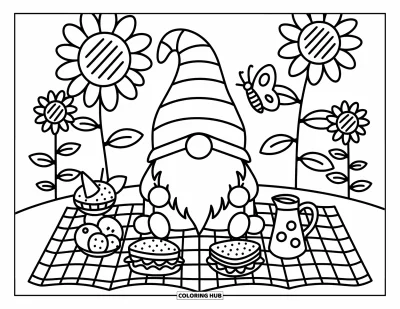 Nissetegning til voksne: En nisse holder picnic under solsikker med sandwich og en sommerfugl i nærheden