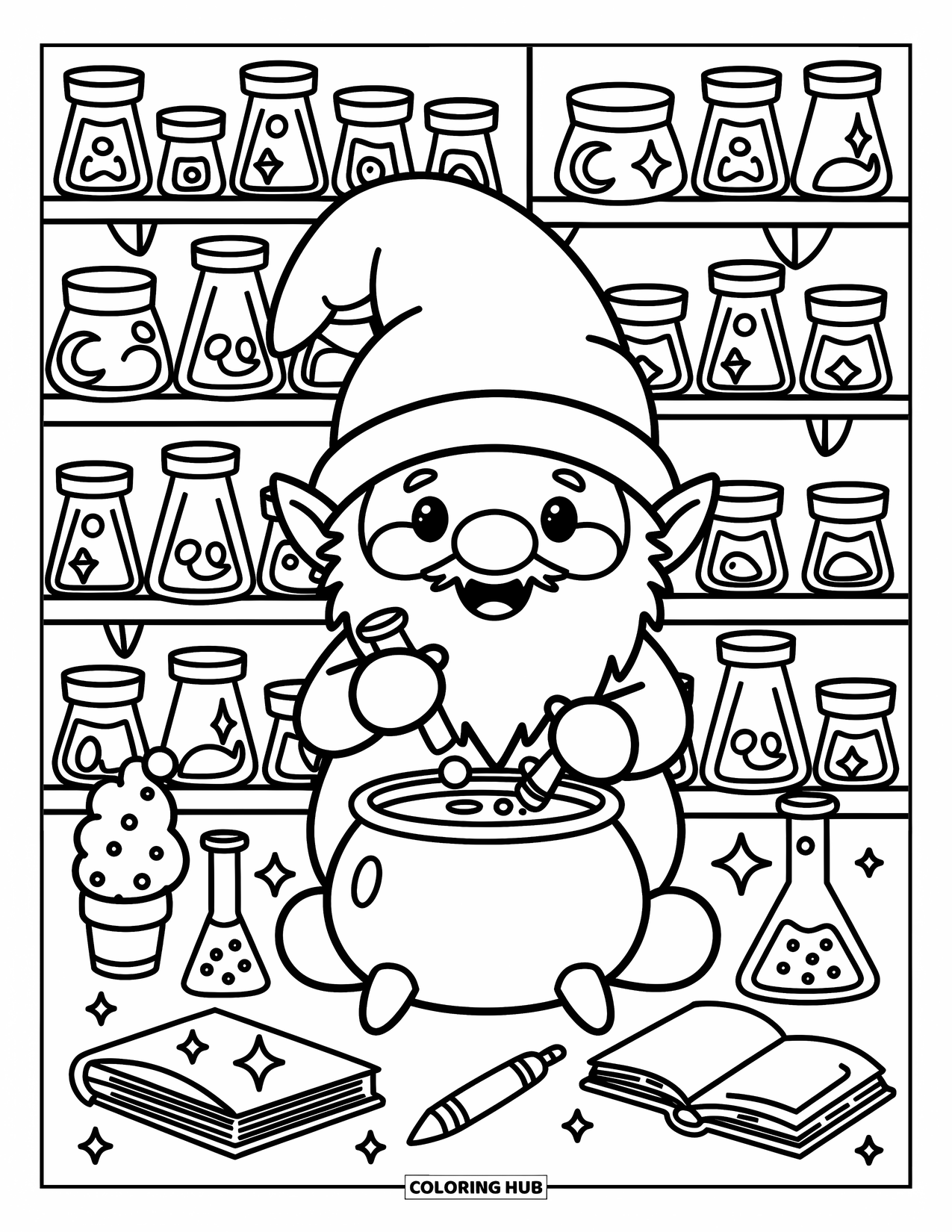 Gnome Coloring Page for Adults: A gnome preparing potions in a cozy lab filled with jars and a cauldron