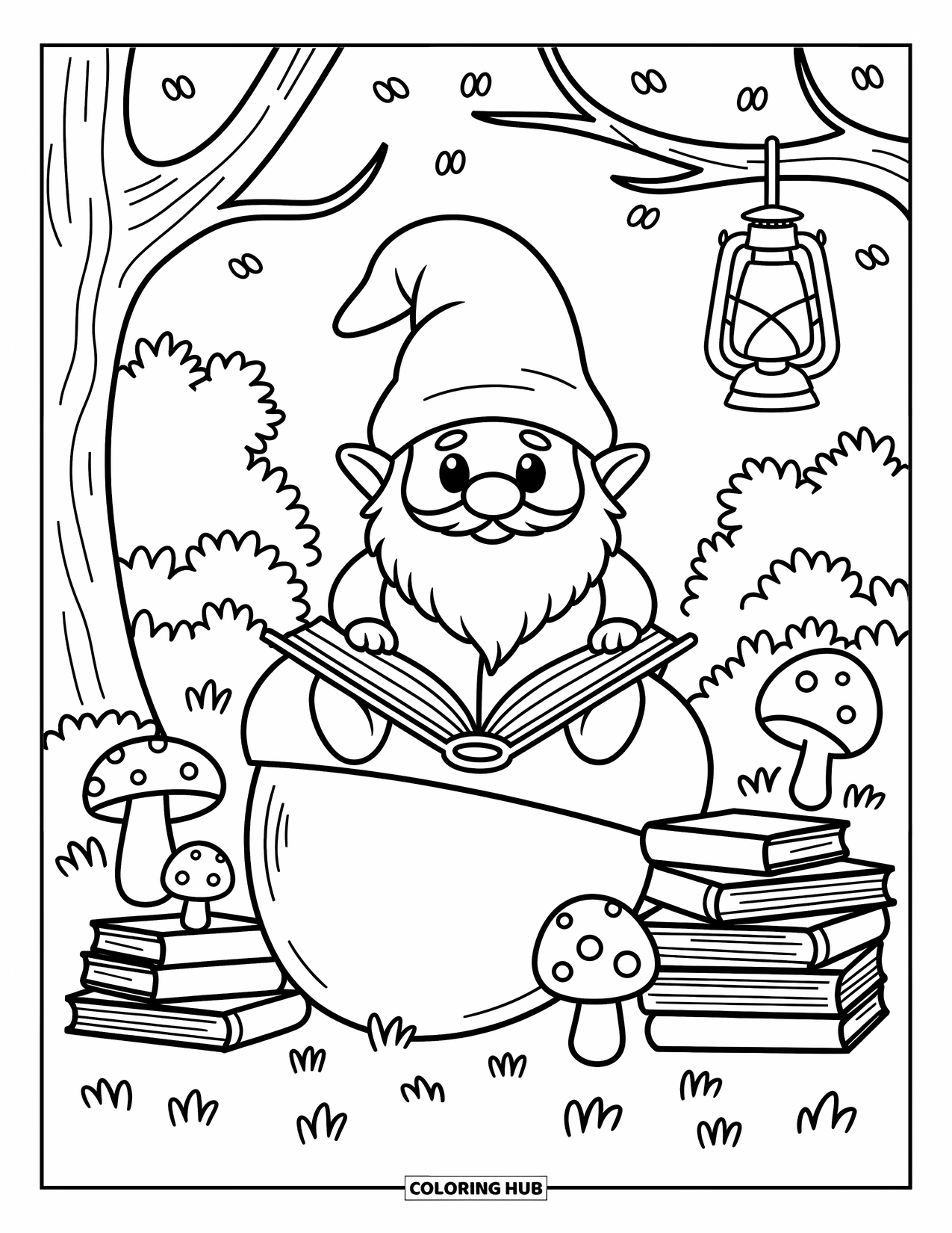 Gnome Coloring Page for Adults: A gnome reading near mushrooms and a lantern in a cozy forest