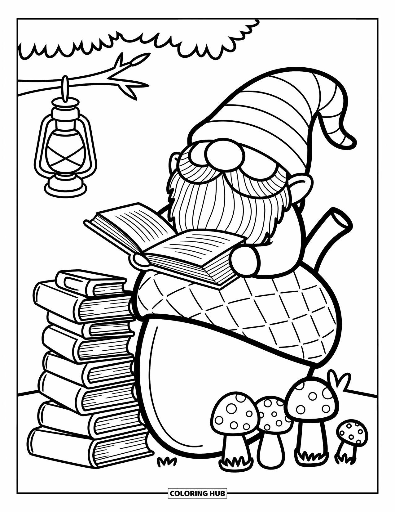 Gnome Coloring Page for Adults: A gnome reclining by an acorn with books and a lantern nearby