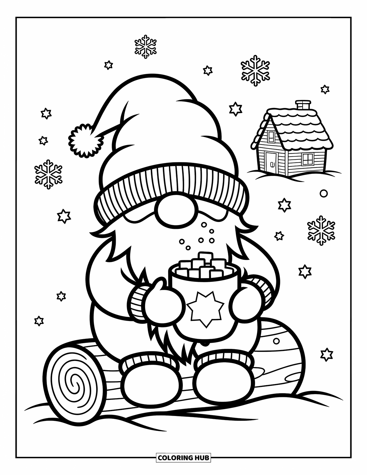 Gnome Coloring Page for Adults: A gnome sipping cocoa on a log with snowflakes and a distant cabin