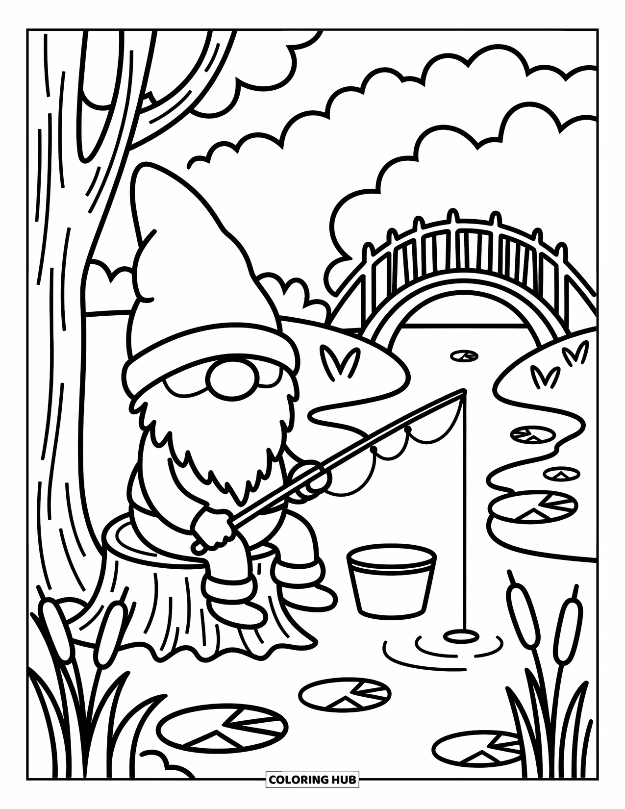 Gnome Coloring Page for Adults: A gnome sitting on a stump fishing by a stream with lily pads