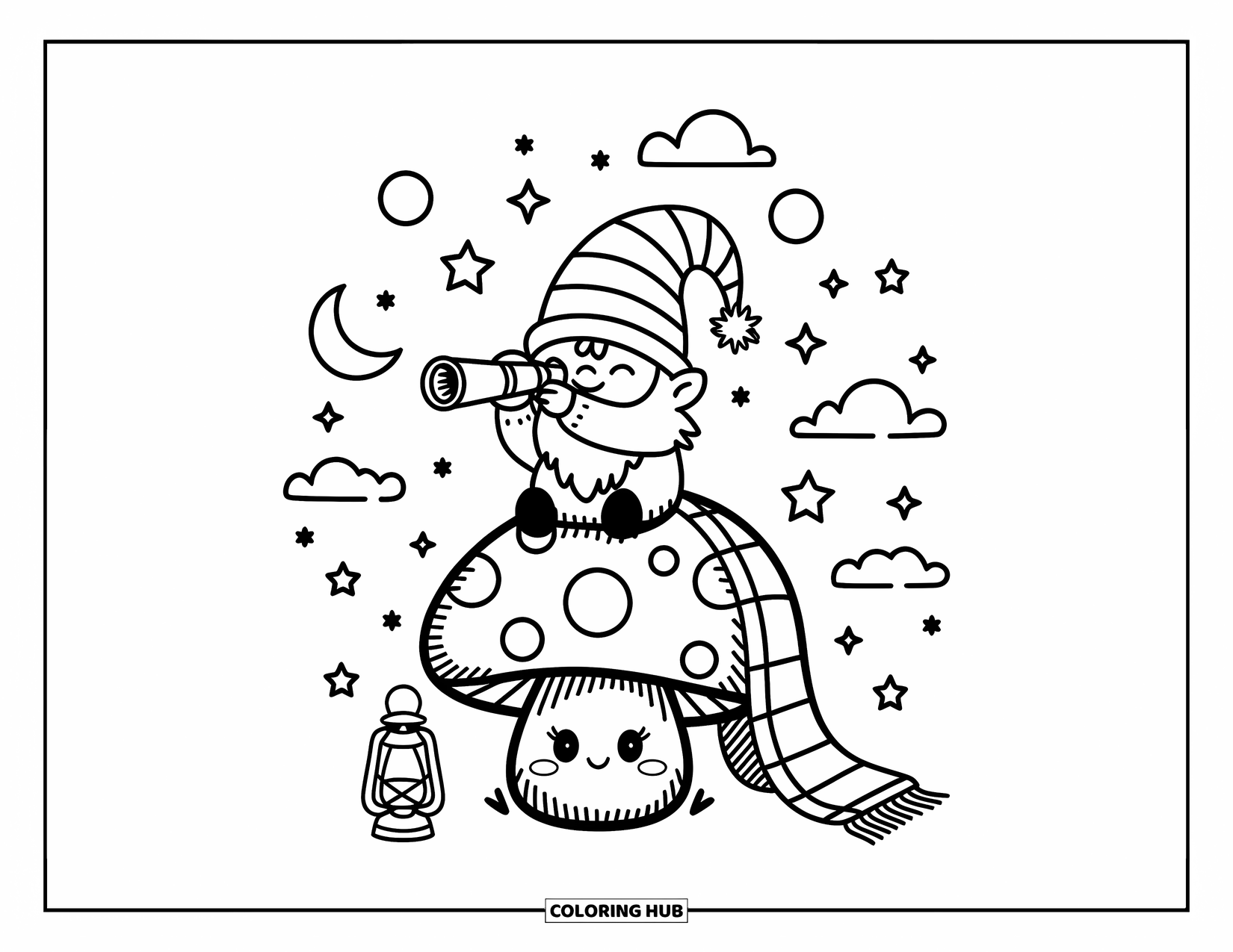 Gnome Coloring Page for Adults: A gnome stargazing on a mushroom with a telescope and lantern