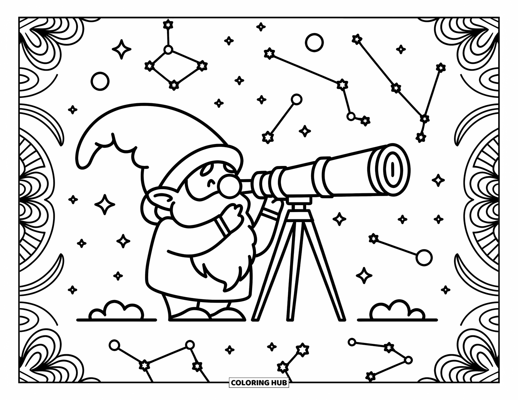 Gnome Coloring Page for Adults: A gnome stargazing with a telescope surrounded by celestial patterns
