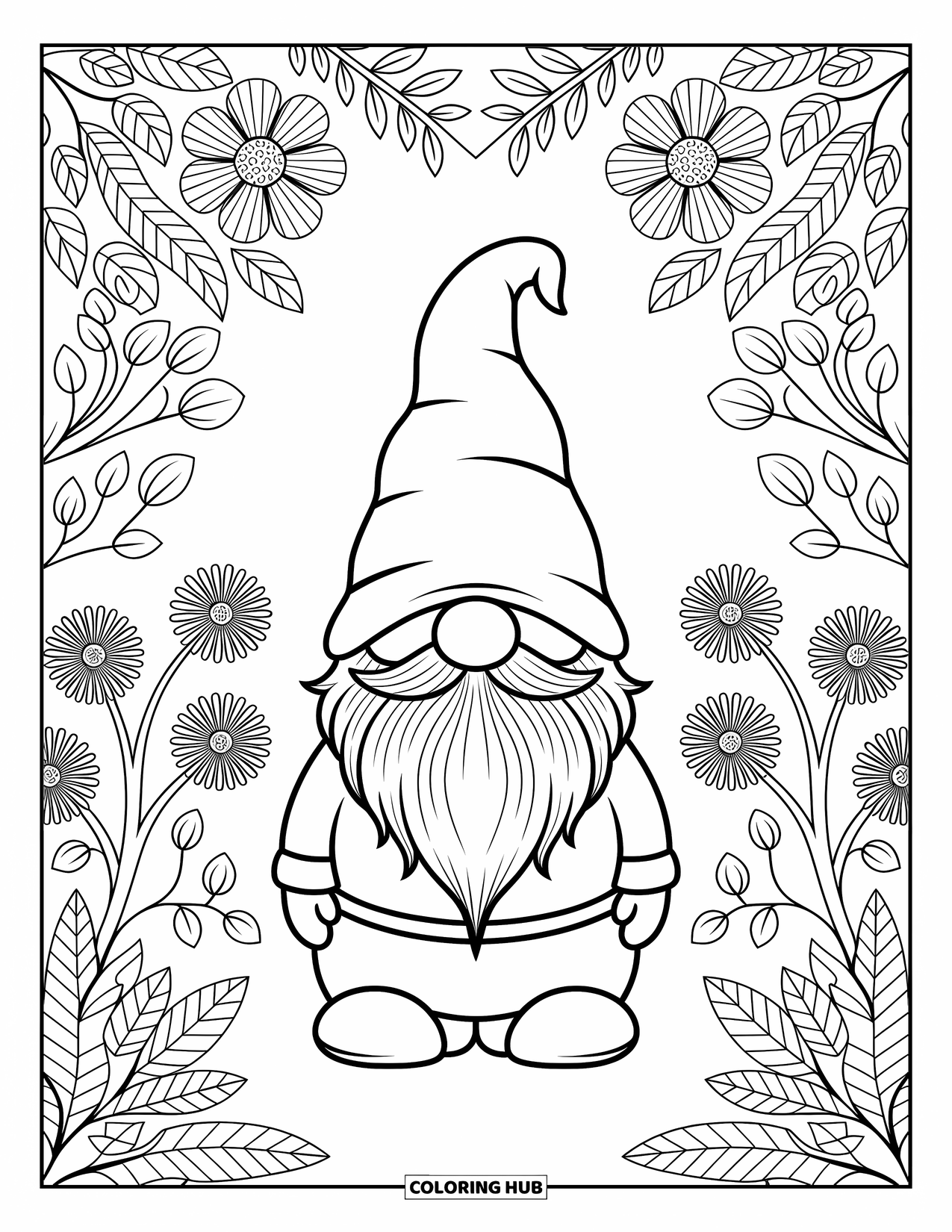 Gnome Coloring Page for Adults: A gnome surrounded by flowers and vines in an intricate garden scene