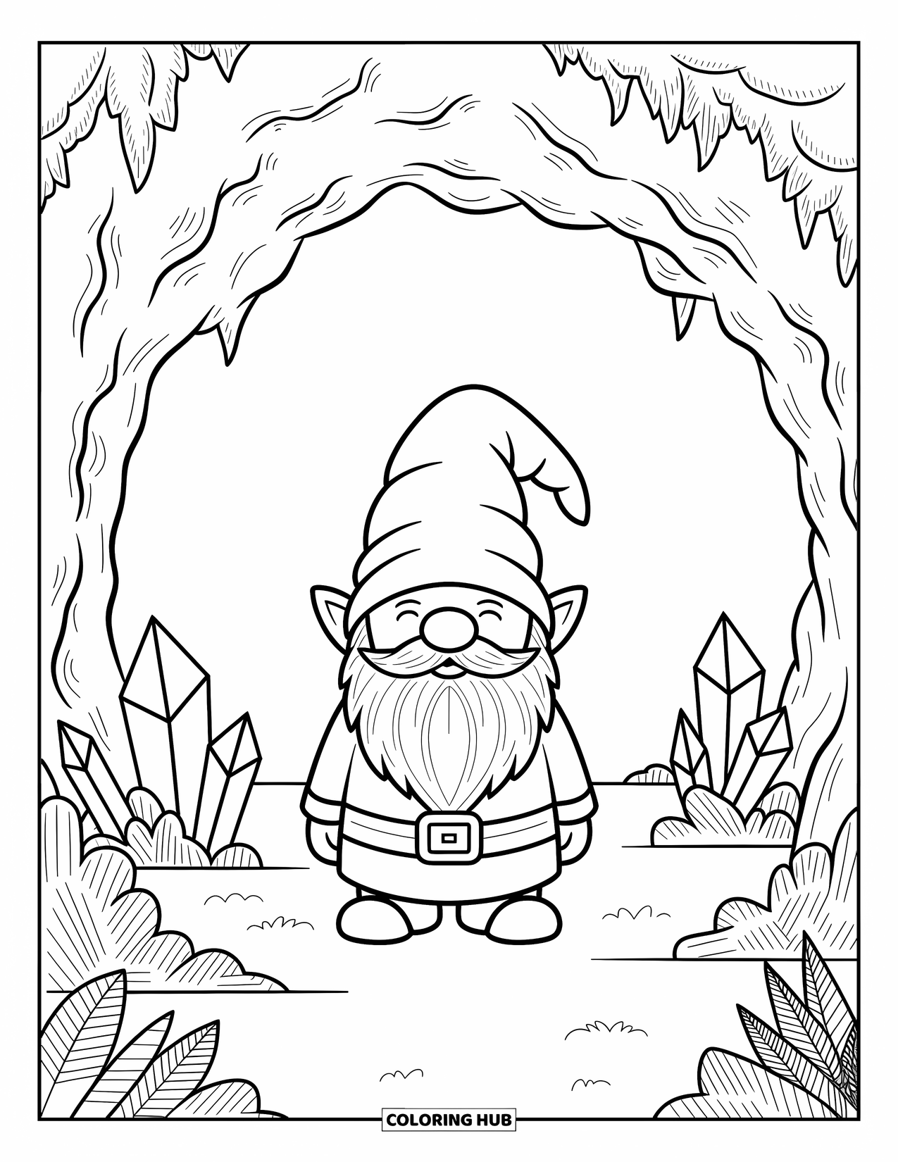 Gnome Coloring Page for Adults: A gnome surrounded by glowing runes and crystals in an underground den