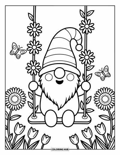 Nissetegning til voksne: En nisse gynger på en rankegyng med blomster og sommerfugle omkring