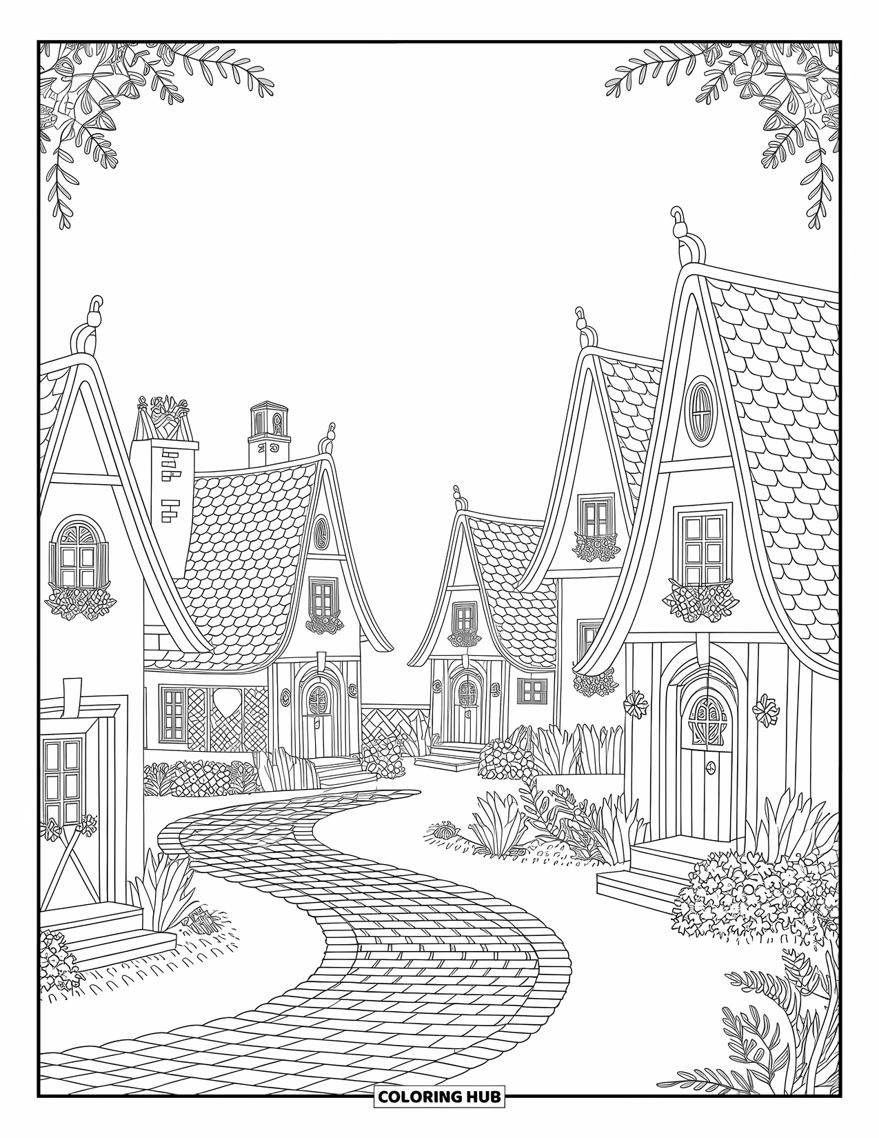 Gnome Coloring Page for Adults: A gnome village with cottages and bridges filled with swirling patterns