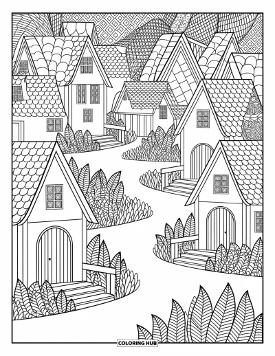 Nissetegning til voksne: En nisselandsby med hytter, broer og snoede stier prydet med mønstre