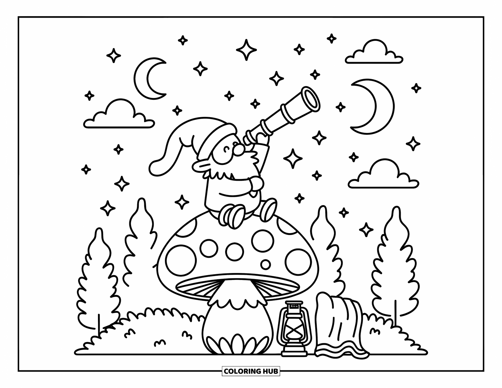 Gnome Coloring Page for Adults: A gnome watching stars from a mushroom with a telescope and lantern