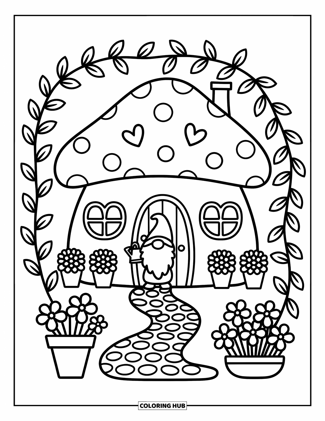 Gnome Coloring Page for Adults: A gnome watering flowers outside a mushroom house with a cobblestone path