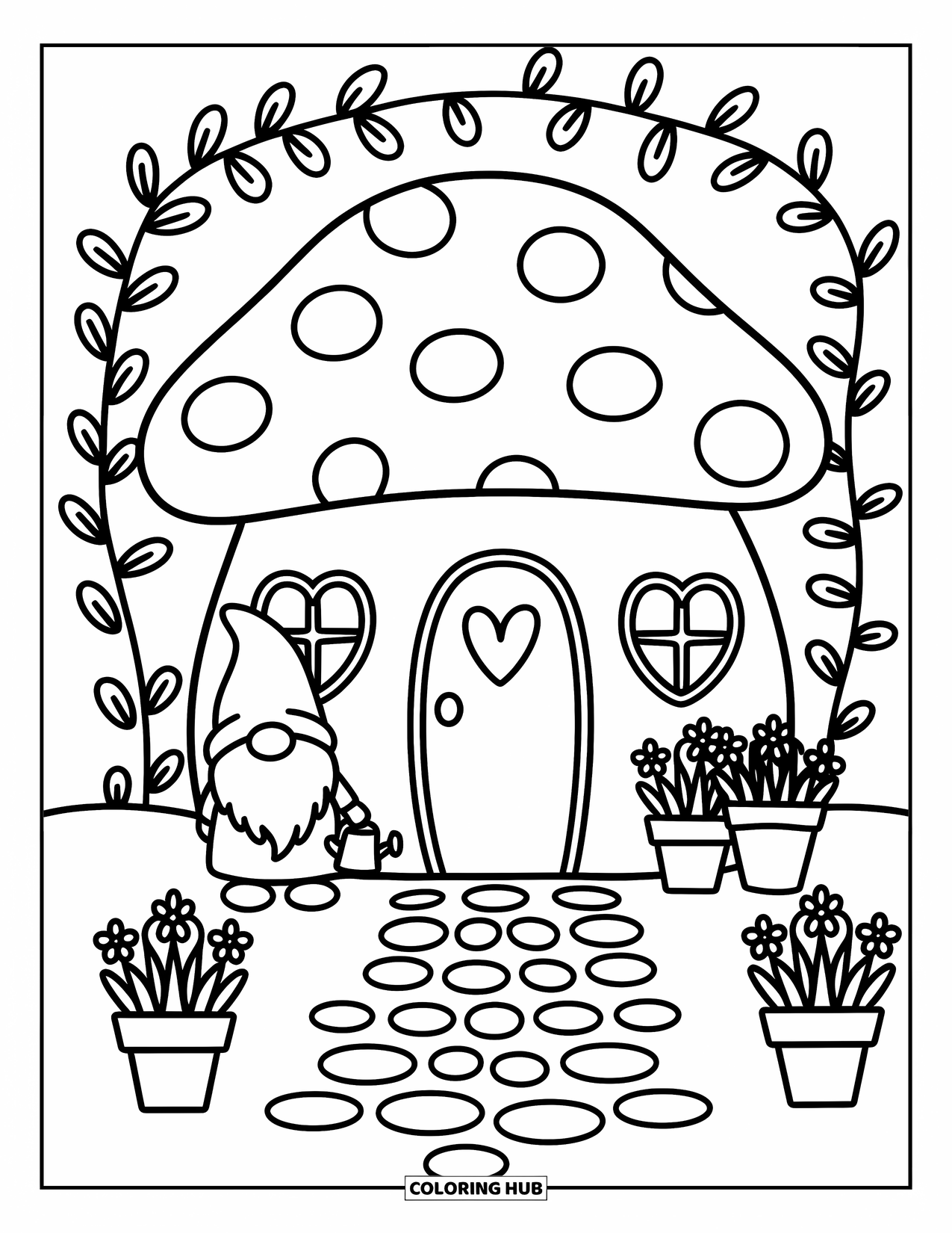 Gnome Coloring Page for Adults: A gnome watering plants by a mushroom house with heart-shaped windows