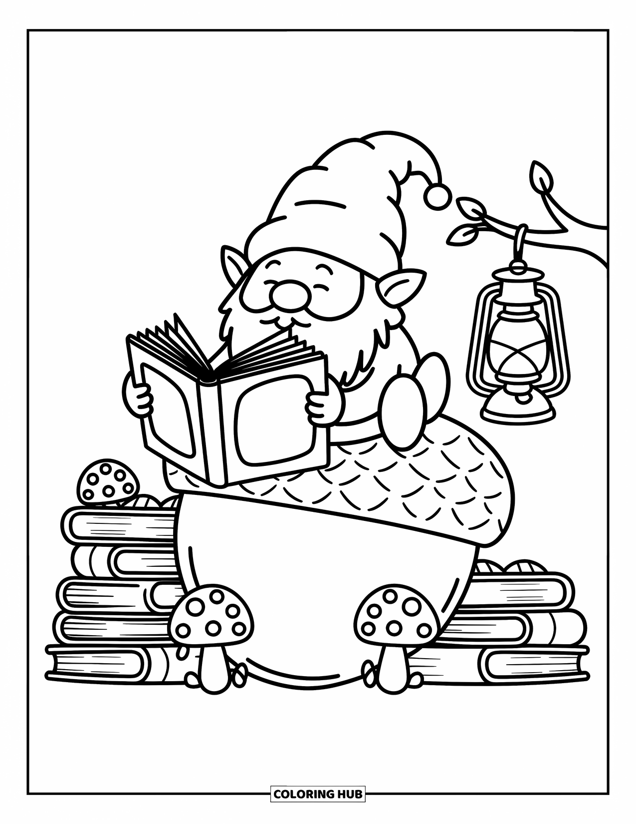 Gnome Coloring Page for Adults: A gnome with a book leaning against an acorn with mushrooms and a lantern