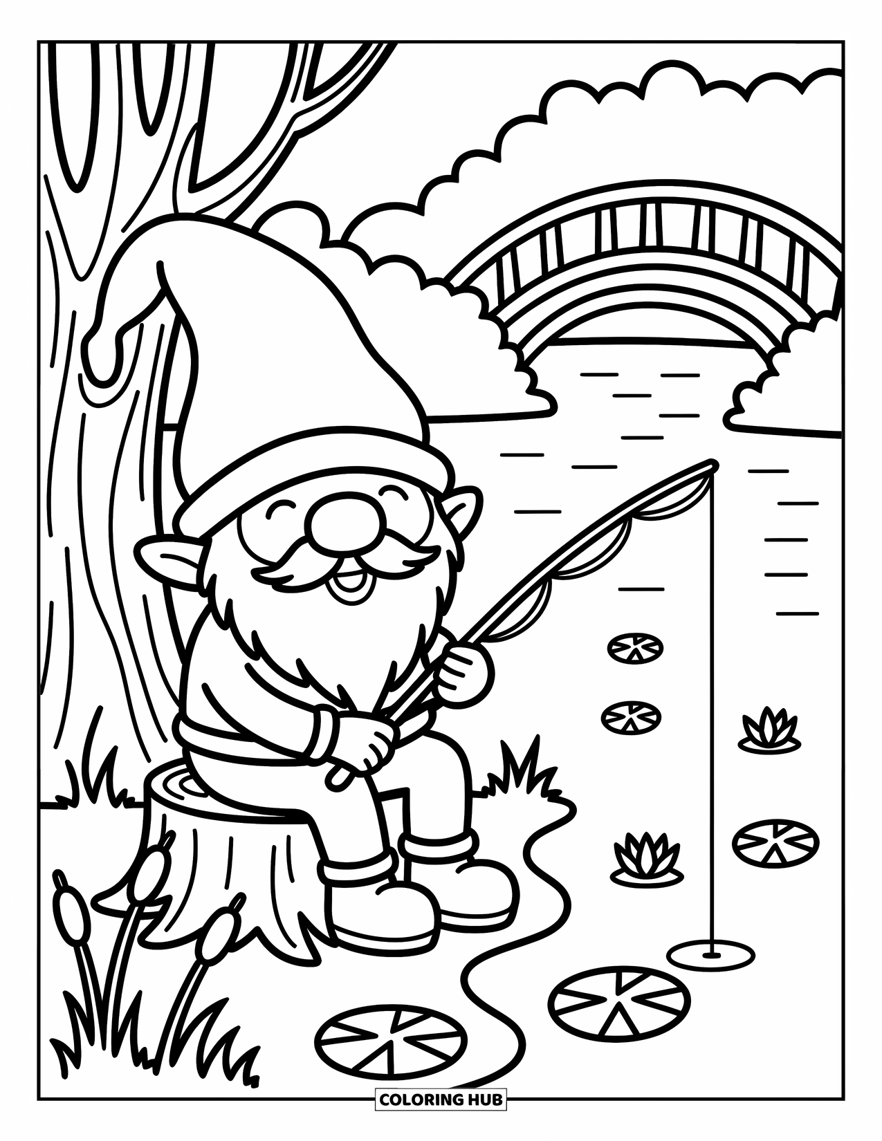 Gnome Coloring Page for Adults: A gnome with a fishing rod by a stream with a bridge in the background