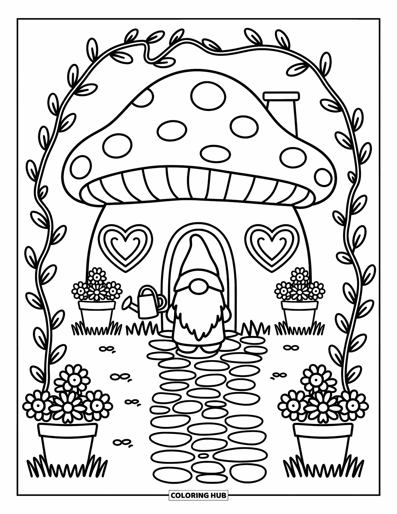 Gnome Coloring Page for Adults: A gnome with a watering can by a mushroom house surrounded by flowers