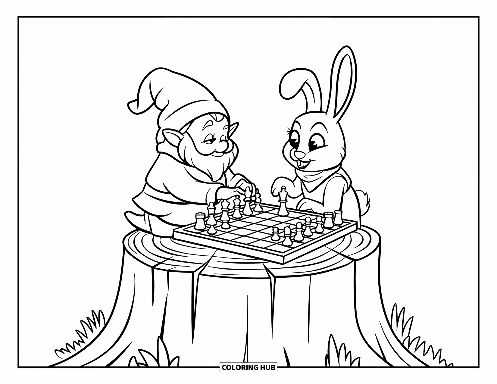 Gnome Coloring Page for Kids: A gnome and a rabbit playing chess on a stump with trees around