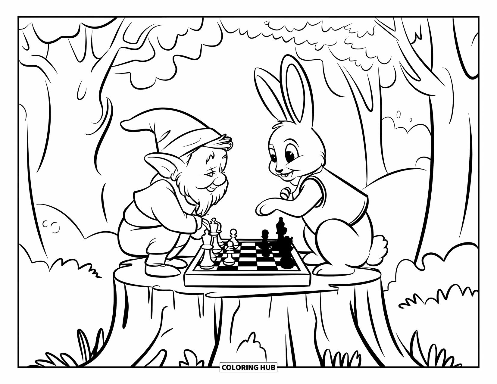 Gnome Coloring Page for Kids: A gnome and a rabbit playing chess on a tree stump surrounded by trees