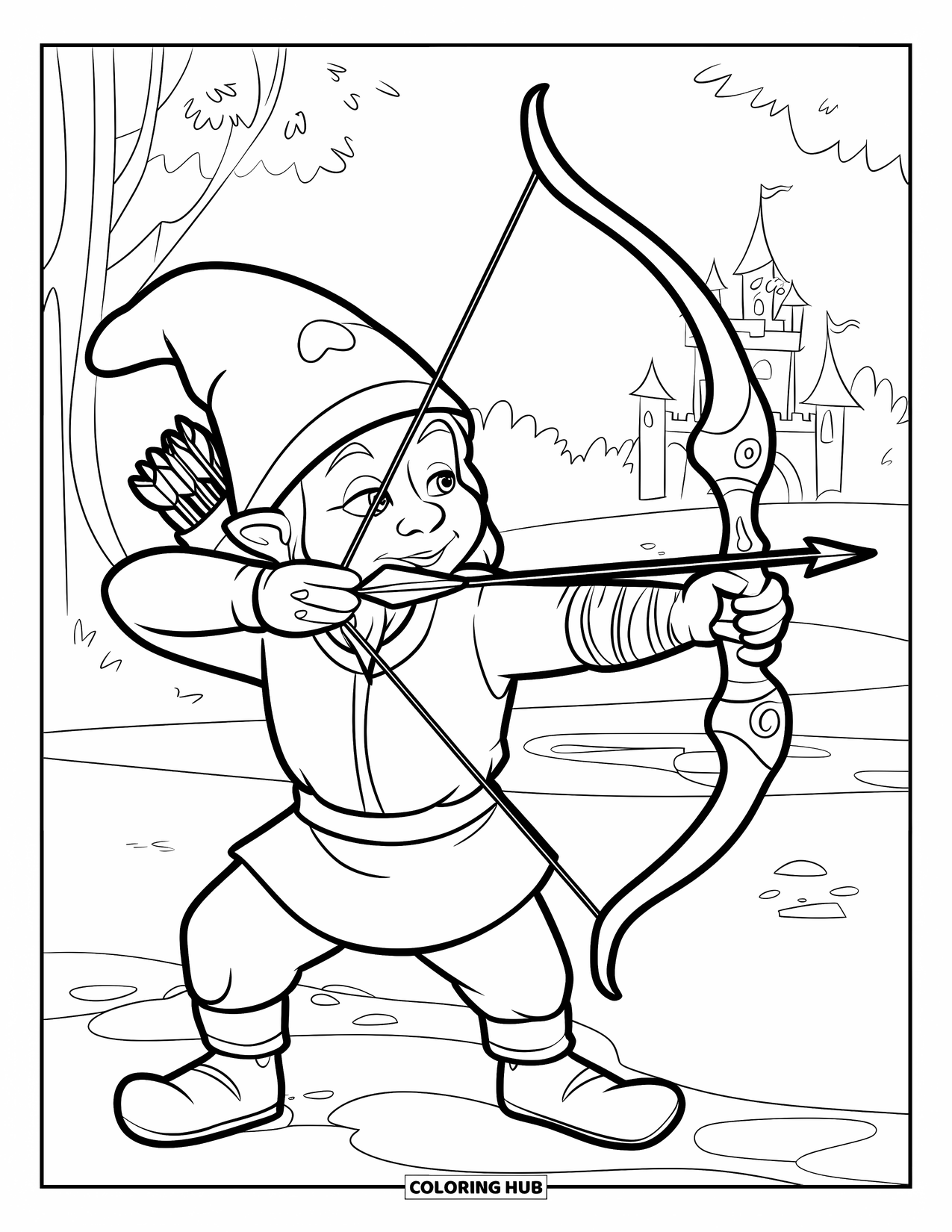 Gnome Coloring Page for Kids: A gnome archer aiming a bow at a distant target by a castle