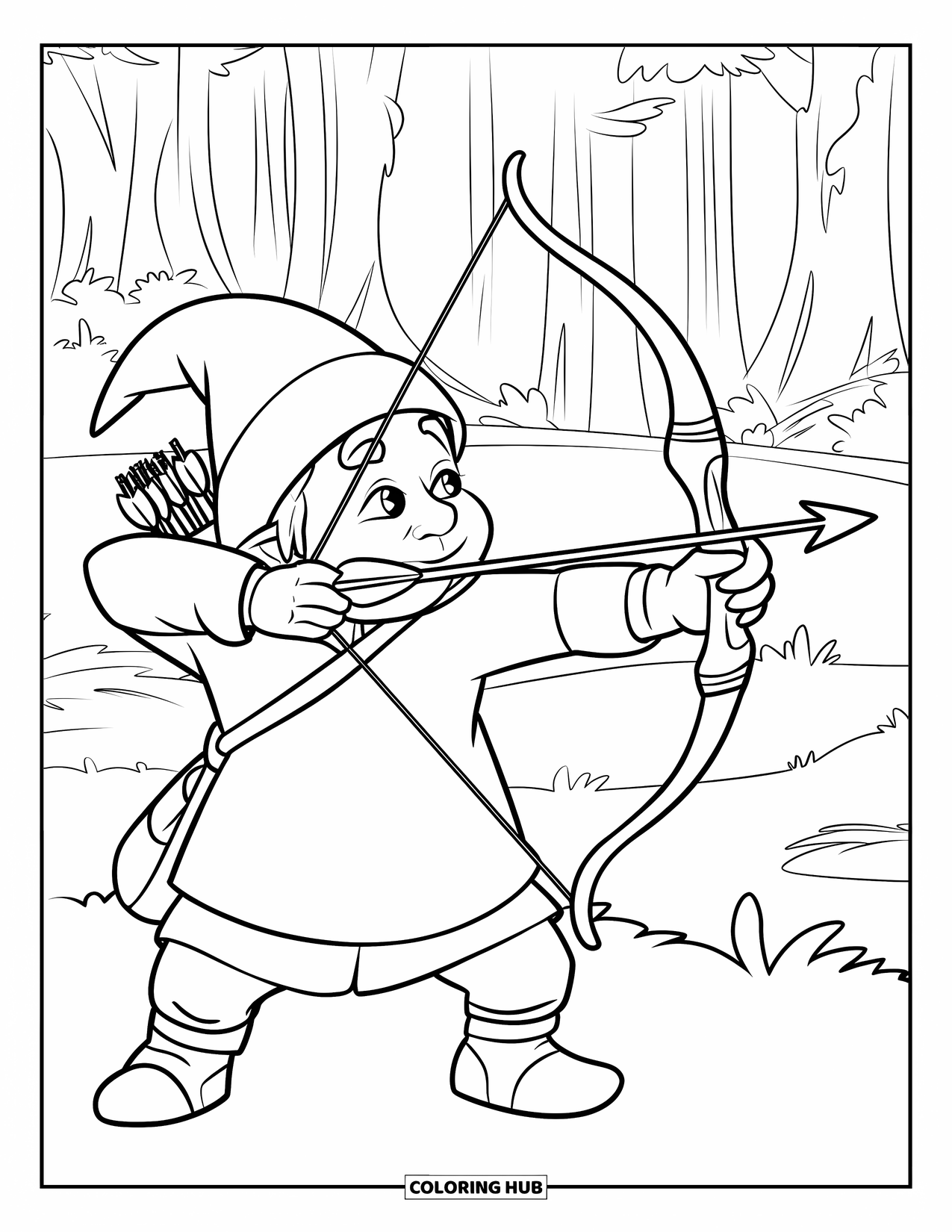 Gnome Coloring Page for Kids: A gnome archer aiming at a target in a lush forest