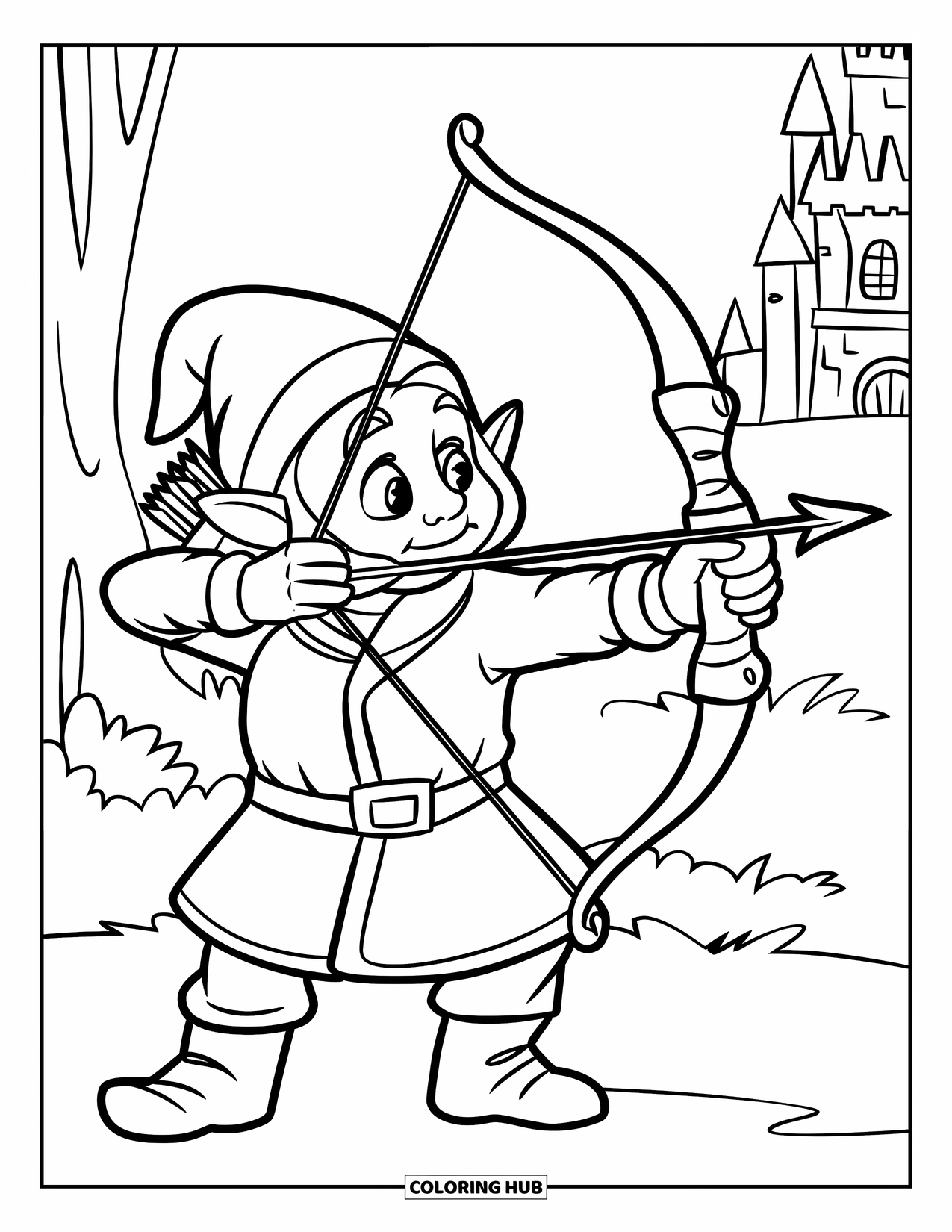 Gnome Coloring Page for Kids: A gnome archer drawing a bow with a castle and trees nearby