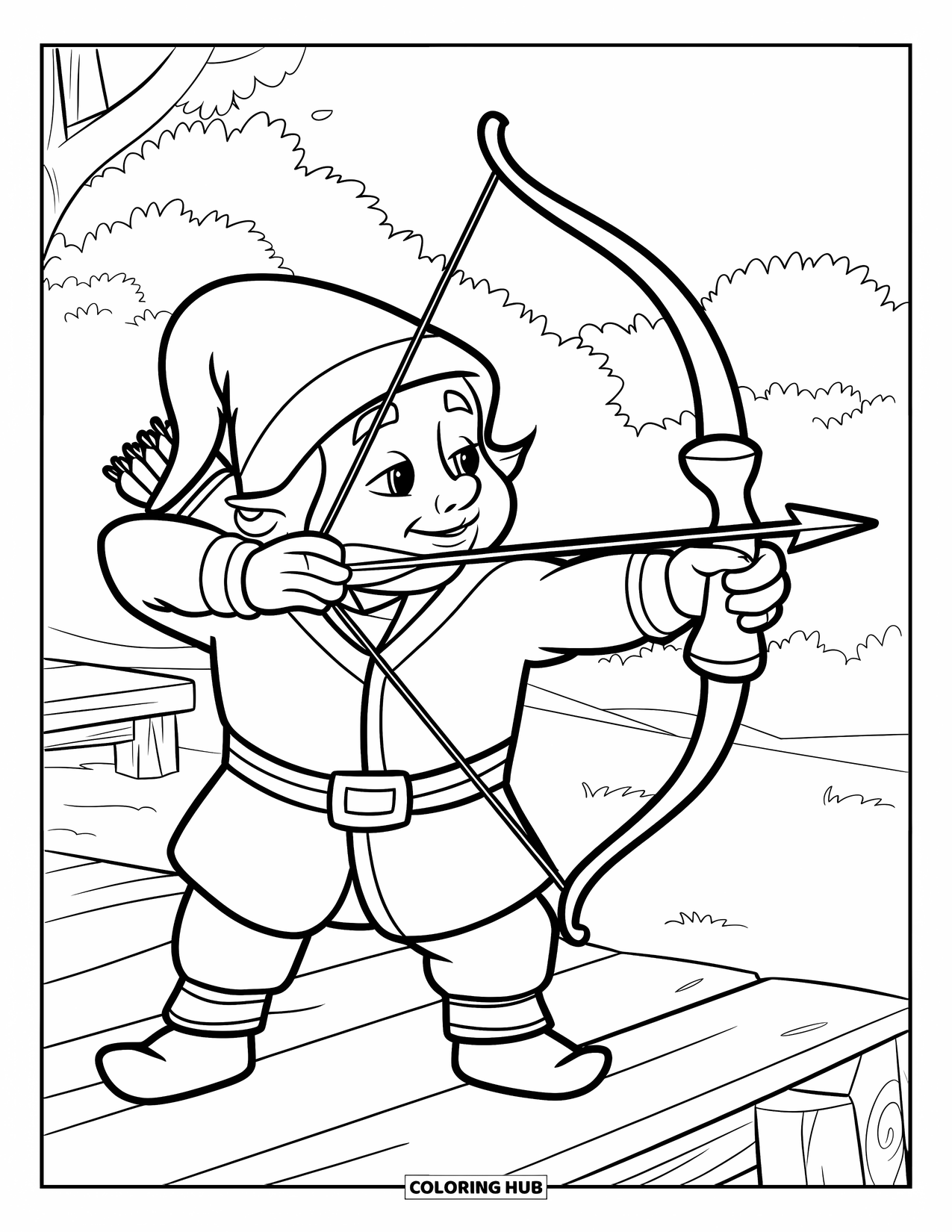 Gnome Coloring Page for Kids: A gnome archer with a bow ready, surrounded by trees and a castle