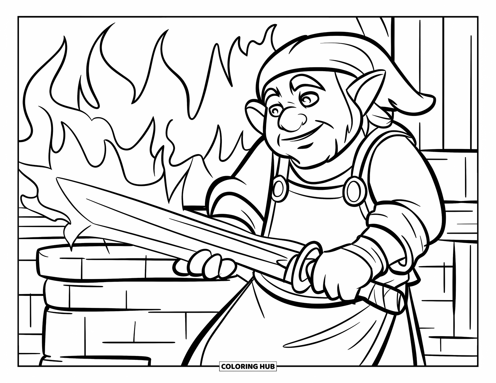 Gnome Coloring Page for Kids: A gnome blacksmith forging a sword at a fiery forge