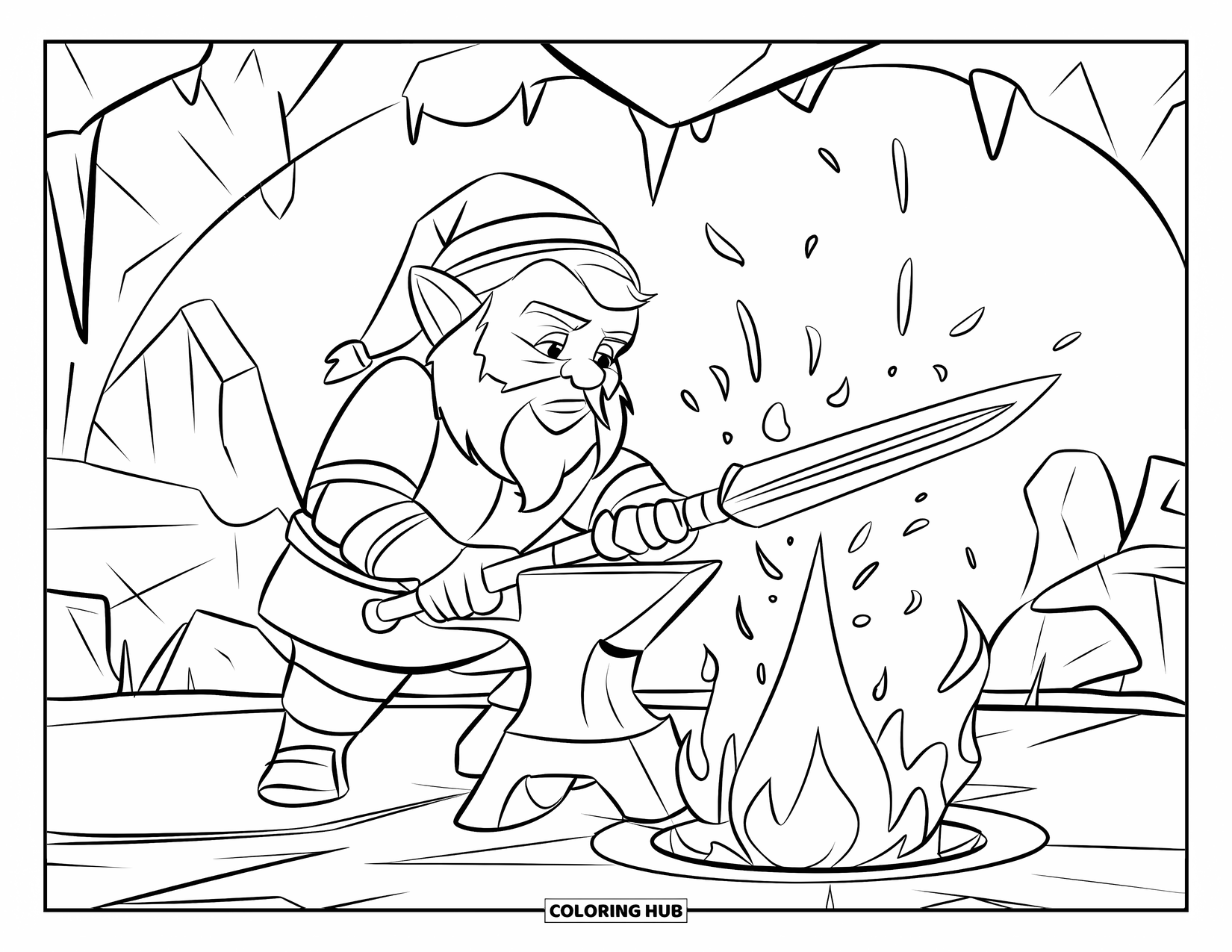Gnome Coloring Page for Kids: A gnome blacksmith forging a weapon at an anvil with flames around