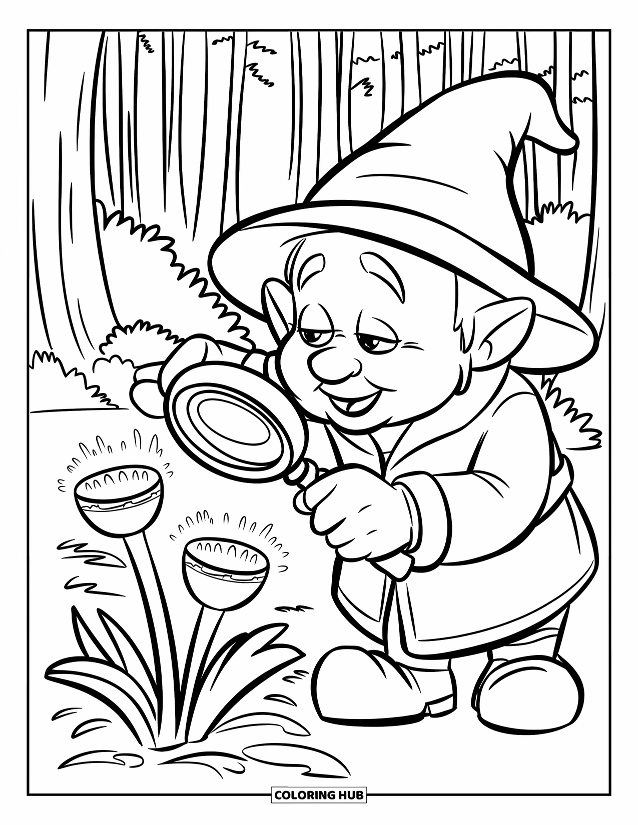 Gnome Coloring Page for Kids: A gnome botanist examining glowing flowers with a magnifying glass