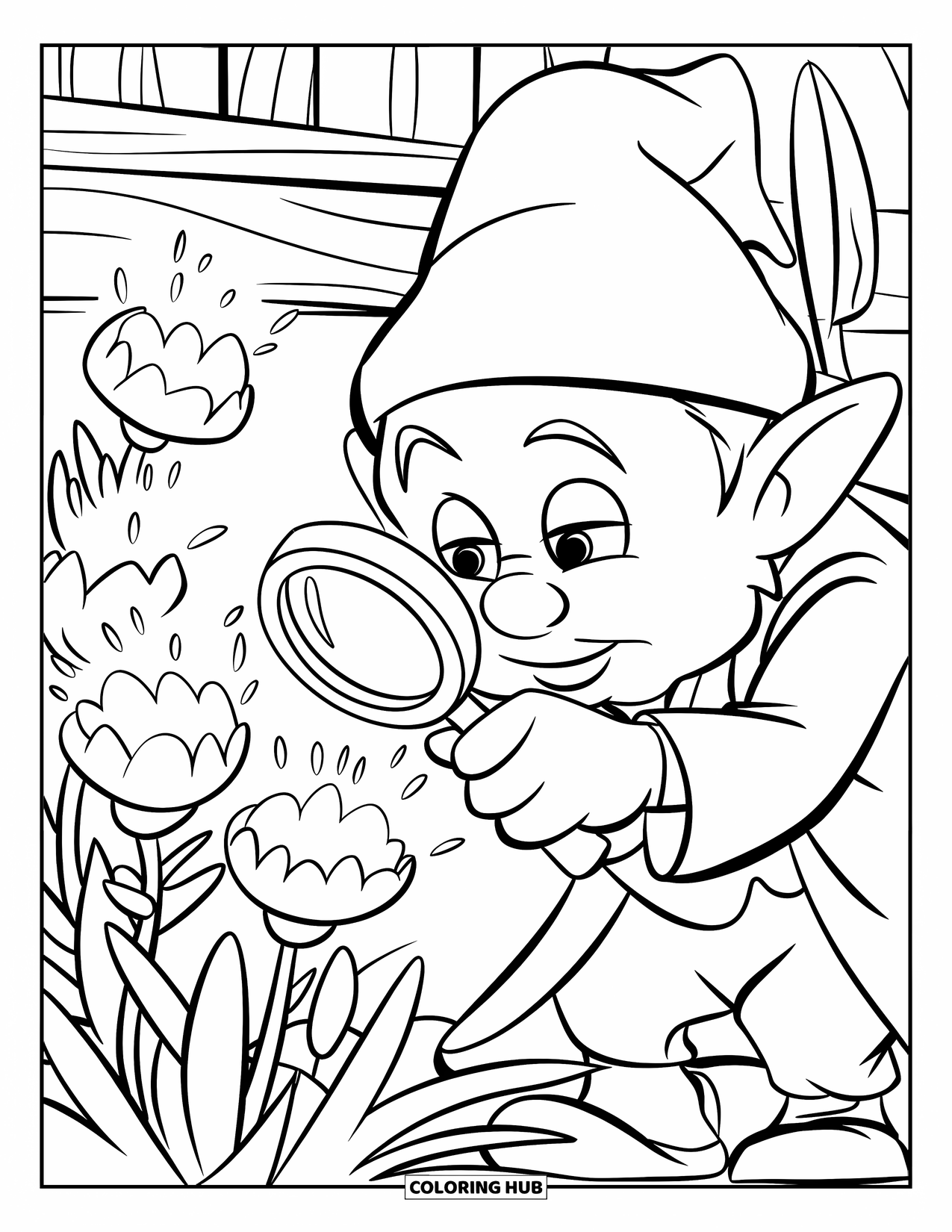 Gnome Coloring Page for Kids: A gnome botanist inspecting glowing flowers in a serene forest setting