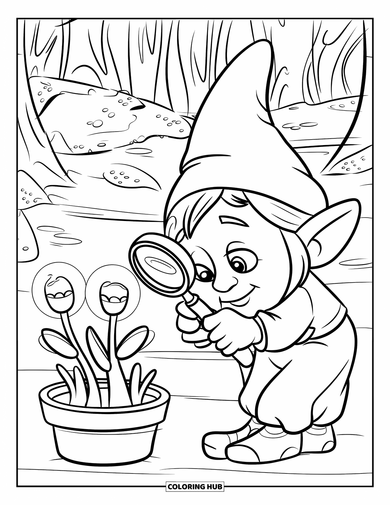 Gnome Coloring Page for Kids: A gnome botanist with a magnifying glass studying glowing flowers