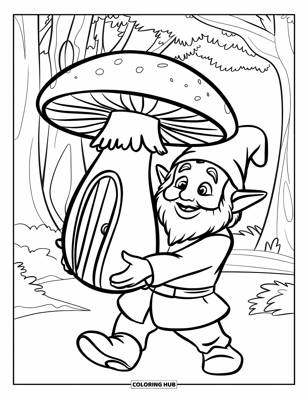 Gnome Coloring Page for Kids: A gnome carrying a mushroom with a tiny door in a forest