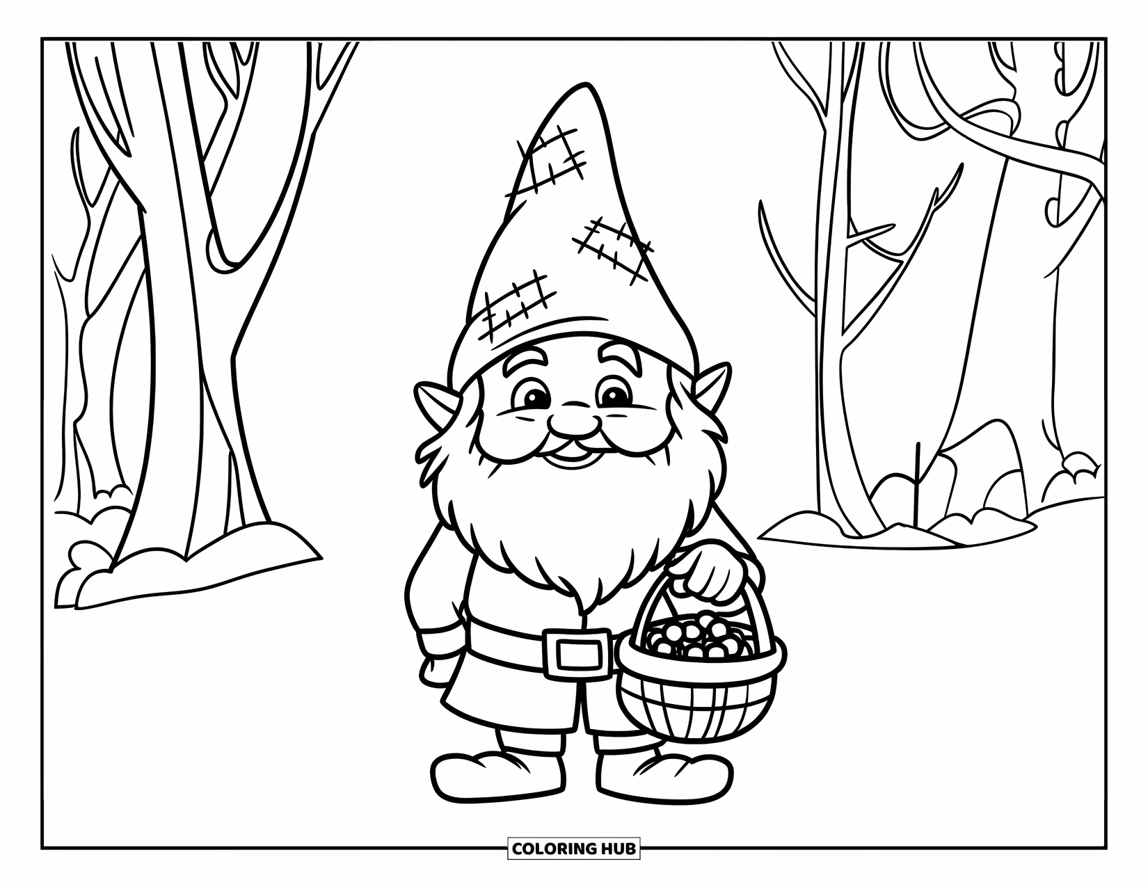 Gnome Coloring Page for Kids: A gnome carrying berries in a basket, wearing a hat with patches