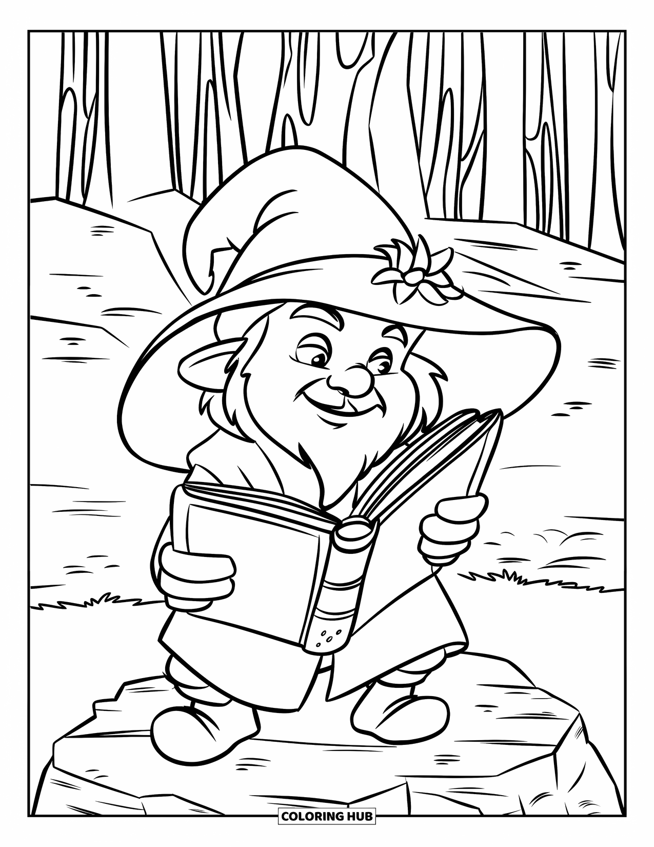Gnome Coloring Page for Kids: A gnome casting a protective spell with a spellbook in a dark forest