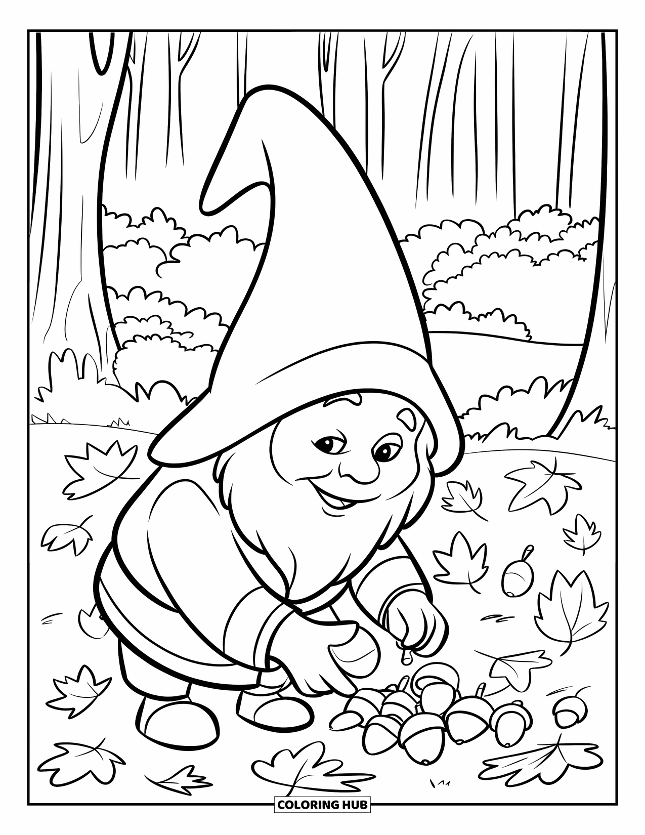 Gnome Coloring Page for Kids: A gnome collecting acorns among autumn leaves in a forest clearing