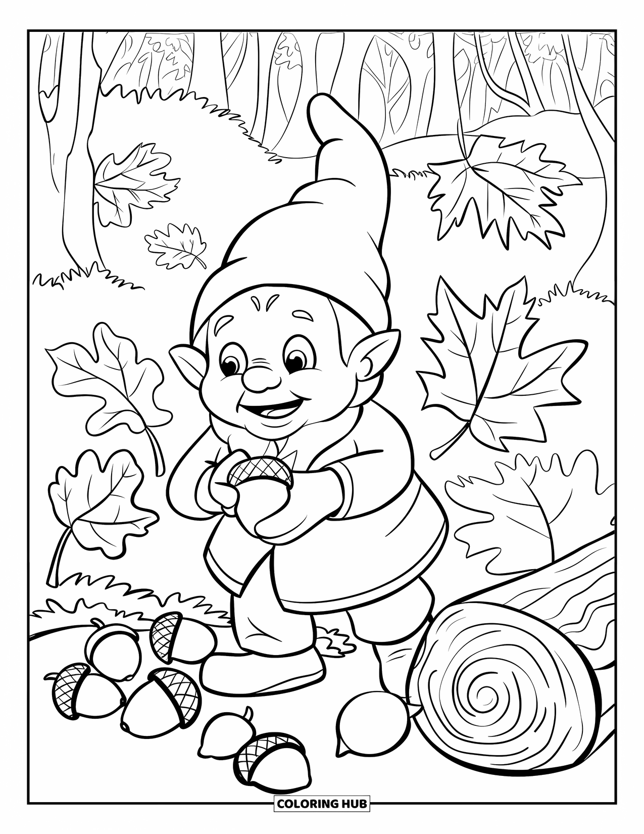 Gnome Coloring Page for Kids: A gnome collecting acorns surrounded by autumn leaves in a forest